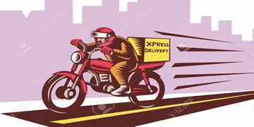 Motociclista con caja Speed Delivery representando servicio rápido de alcohol a domicilio